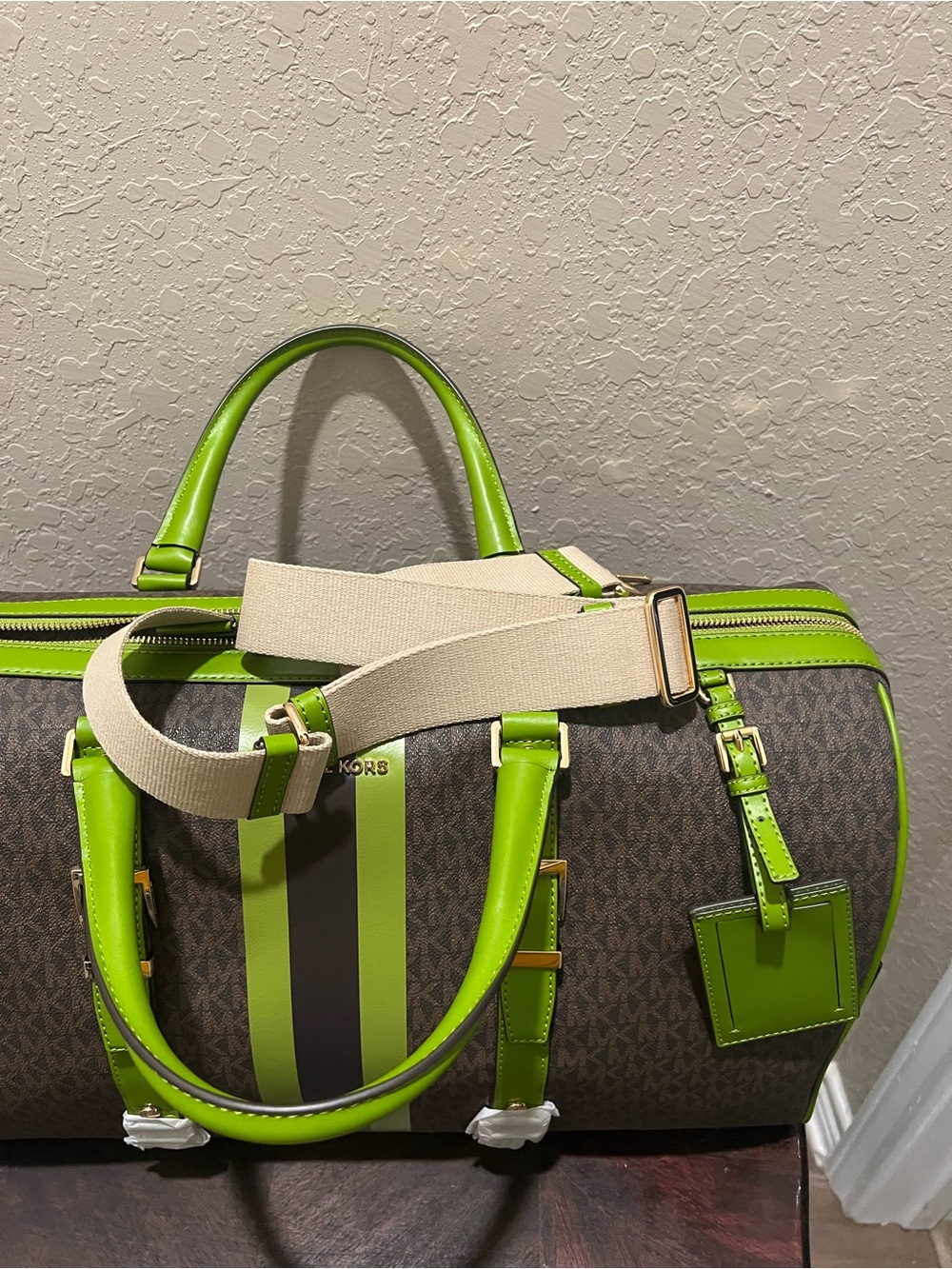 Michael Kors Brown MK Monogram Duffel with Lime Green Trim and Racing Stripe - Picture 4 of 4